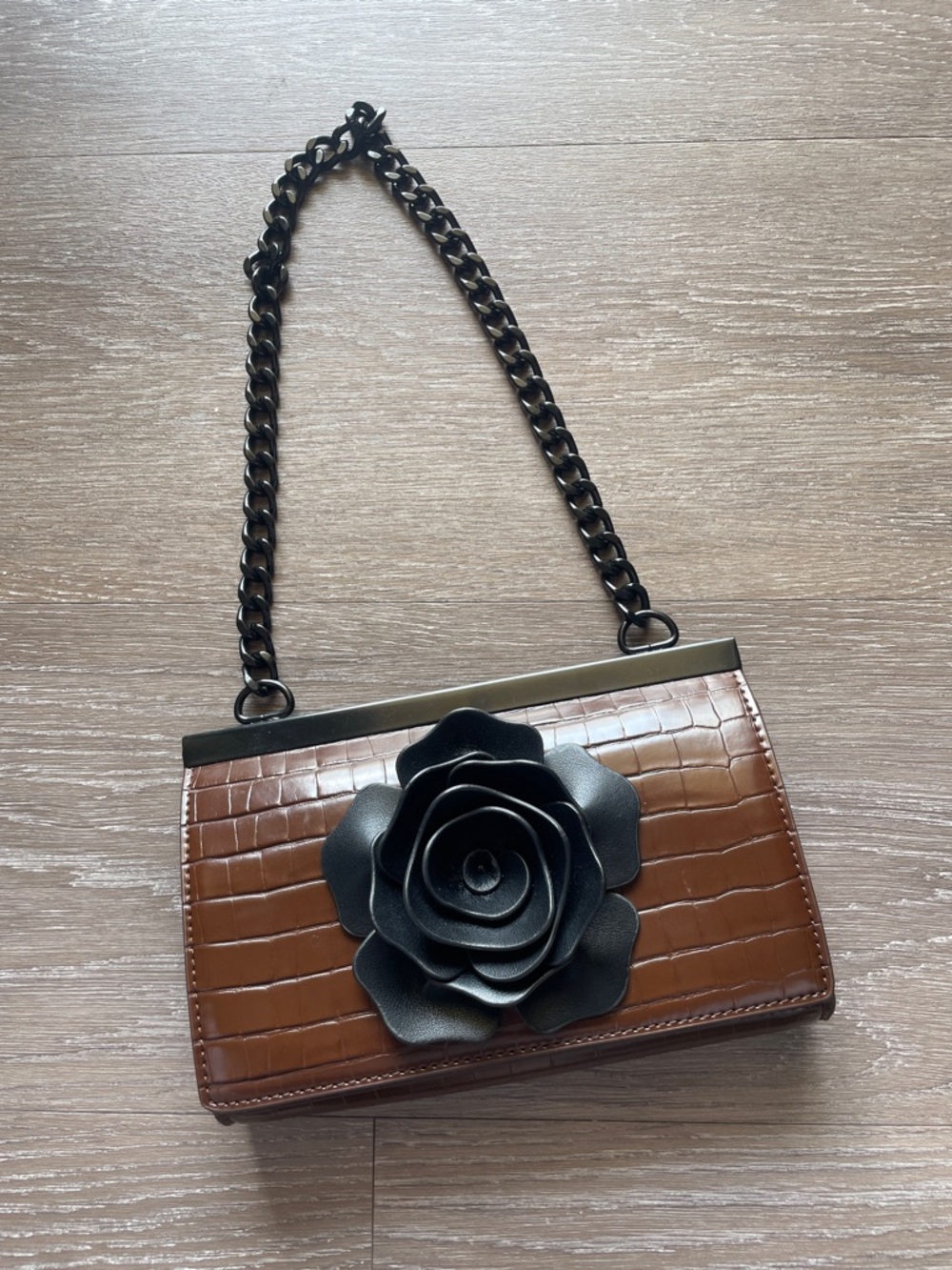 WeWorewhat black  Floral Accent Brown Croc-Embossed Shoulder Bag